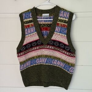 Ganni Olive Multicolor Knit Vest, Women’s L
